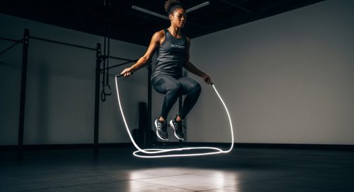 Ein Athlet meistert mühelos einen Double Under und demonstriert perfekte Technik.