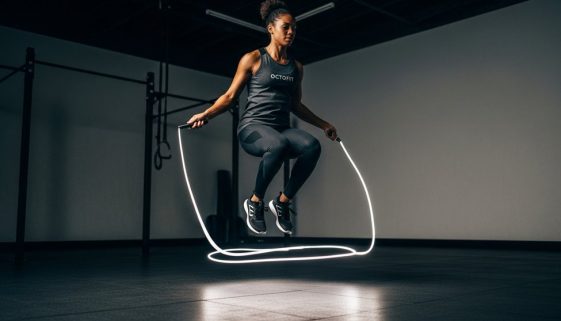 Ein Athlet meistert mühelos einen Double Under und demonstriert perfekte Technik.