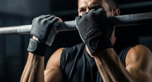 Ein Athlet mit Crosstraining Handschuhen hält sich für maximalen Grip an einer Stange fest. Ein Athlet mit Crosstraining Handschuhen hält sich für maximalen Grip an einer Stange fest.