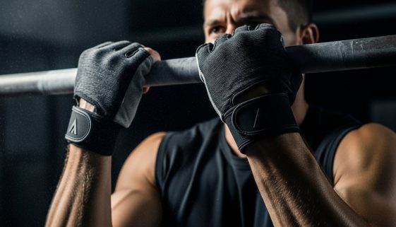 Ein Athlet mit Crosstraining Handschuhen hält sich für maximalen Grip an einer Stange fest.