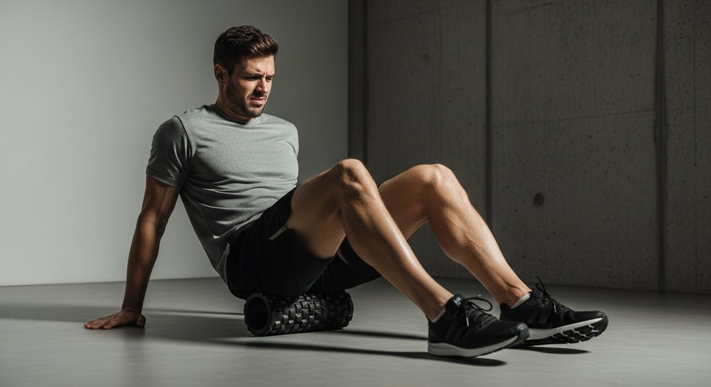 Ein Athlet nutzt eine Faszienrolle zur aktiven Regeneration seiner Beinmuskulatur nach dem Training.