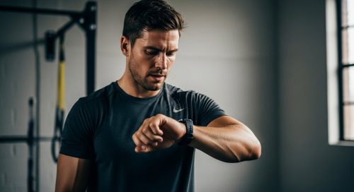 Ein Athlet prüft während eines intensiven EMOM HIIT Workouts seine Uhr. Ein Athlet prüft während eines intensiven EMOM HIIT Workouts seine Uhr.