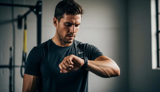 Ein Athlet prüft während eines intensiven EMOM HIIT Workouts seine Uhr.