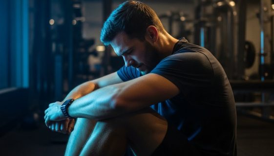 Ein Athlet ruht sich nach einem intensiven HIIT-Training am Abend aus und denkt über Schlaf und Leistung nach.
