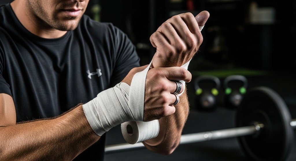 Ein Athlet stabilisiert seine Handgelenke mit Bandagen als Schutz vor CrossTraining Verletzungen.