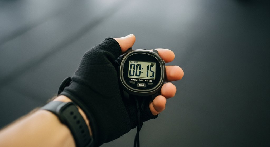 Ein Athlet stoppt die 15-sekündige Pause während eines Myo-Reps-Trainings auf seiner Uhr.