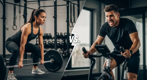 Ein Athlet und eine Athletin beim Vergleich von CrossTraining vs. HIIT Training. Ein Athlet und eine Athletin beim Vergleich von CrossTraining vs. HIIT Training.
