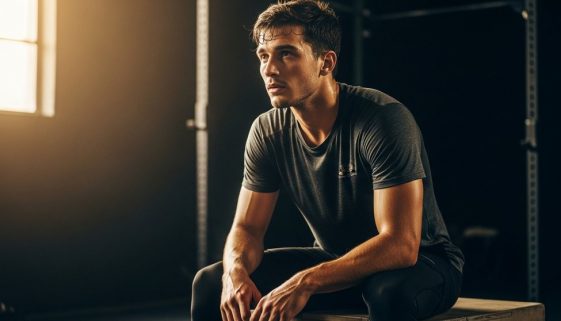 Ein Athlet zeigt mentale Stärke und Fokus nach einem intensiven Crosstraining Workout.