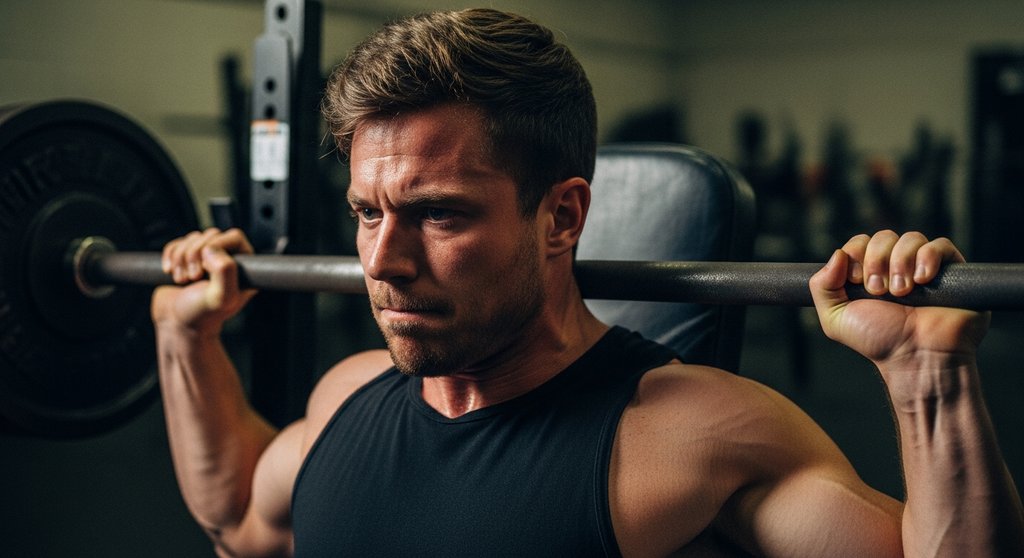 Ein athletischer Mann führt konzentriert eine einzelne schwere Wiederholung beim Bankdrücken aus. Prompt: Medium shot of a muscular, focused man in his late 20s performing a single heavy rep on a flat bench press. He's in a gritty, authentic gym environment with dim, dramatic lighting. Focus is on the strain and concentration on his face. Visible skin texture and sweat. Shot on a 35mm camera, Kodak Portra 400 film style, slight film grain, muted tones, blurred background to emphasize the subject. Candid feel, not posed.