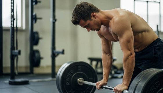 Ein athletischer Mann konzentriert sich vor dem Kreuzheben in einem Fitnessstudio für sein Ganzkörpertraining.