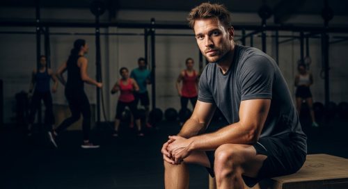 Ein athletischer Mann macht nach seinem CrossTraining Workout eine zufriedene Pause.