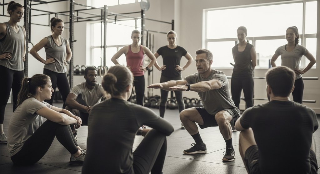 Ein Coach demonstriert einer Gruppe von Athleten die korrekte Technik einer Kniebeuge zur Verletzungsprävention.