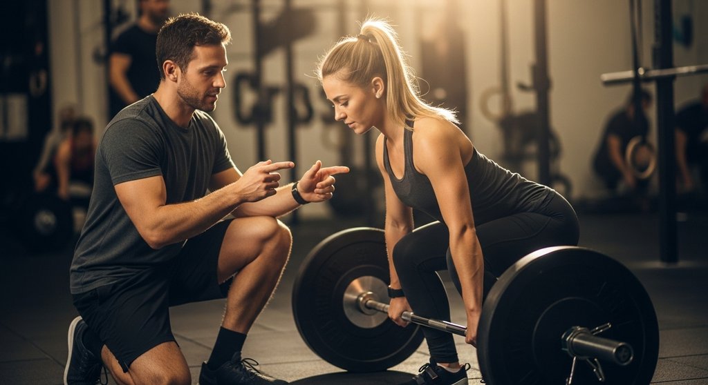 Ein Coach gibt einer Athletin vor einem schweren Deadlift im Crosstraining letzte Anweisungen.