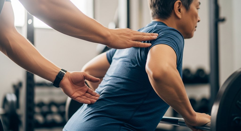 Ein Coach korrigiert behutsam die Haltung einer Person über 50 beim Gewichtheben im Crosstraining.