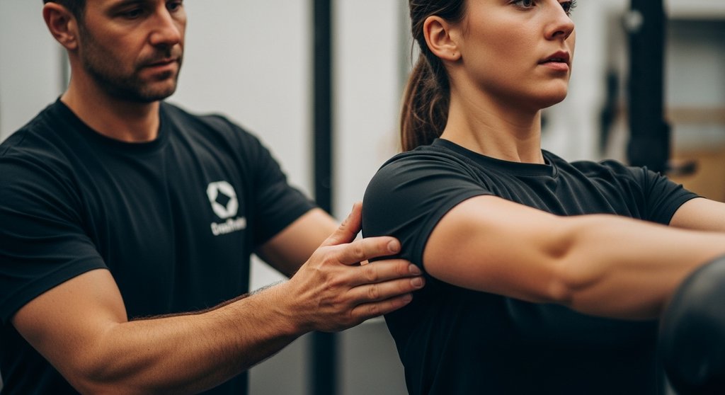 Ein Coach korrigiert die Technik eines Athleten beim Kettlebell-Training zur Verletzungsprävention.