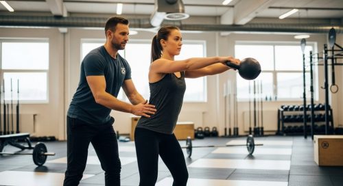 Ein Coach zeigt einem Athleten die korrekte Technik im CrossTraining zur Verletzungsprävention. Ein Coach zeigt einem Athleten die korrekte Technik im CrossTraining zur Verletzungsprävention.