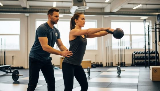 Ein Coach zeigt einem Athleten die korrekte Technik im CrossTraining zur Verletzungsprävention.