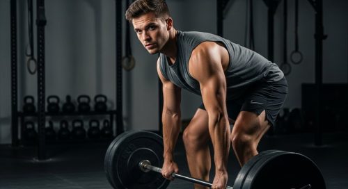 Ein Hardgainer zeigt seine Entschlossenheit beim Crosstraining mit einer schweren Langhantel. Ein Hardgainer zeigt seine Entschlossenheit beim Crosstraining mit einer schweren Langhantel.
