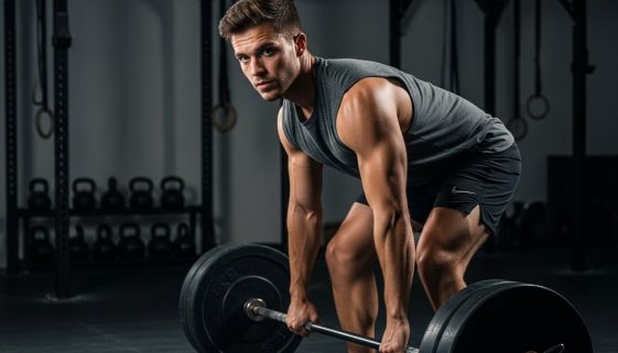 Ein Hardgainer zeigt seine Entschlossenheit beim Crosstraining mit einer schweren Langhantel.