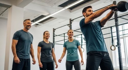 Ein heller, moderner Crosstraining-Fitnessraum aus einer leichten Froschperspektive. Im Vordergrund feuert eine Gruppe von drei Personen (ein Mann um die 50, eine Frau um die 20, eine Frau um die 35) einen vierten Teilnehmer an, der gerade eine Kettlebell schwingt. Alle tragen normale Sportkleidung, lachen und sehen motiviert, aber auch angestrengt aus. Der Fokus liegt auf der unterstützenden Gemeinschaft und der Vielfalt der Teilnehmer, nicht auf übermenschlicher Leistung.