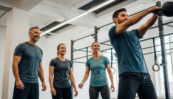 Ein heller, moderner Crosstraining-Fitnessraum aus einer leichten Froschperspektive. Im Vordergrund feuert eine Gruppe von drei Personen (ein Mann um die 50, eine Frau um die 20, eine Frau um die 35) einen vierten Teilnehmer an, der gerade eine Kettlebell schwingt. Alle tragen normale Sportkleidung, lachen und sehen motiviert, aber auch angestrengt aus. Der Fokus liegt auf der unterstützenden Gemeinschaft und der Vielfalt der Teilnehmer, nicht auf übermenschlicher Leistung.