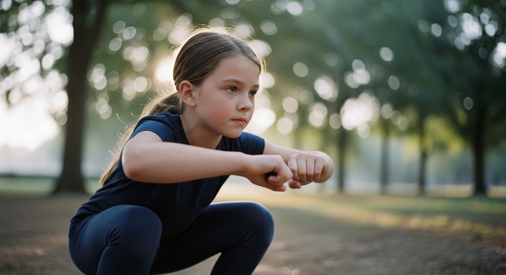 Ein junges Mädchen macht konzentriert eine Kniebeuge während ihres HIIT-Trainings im Freien.