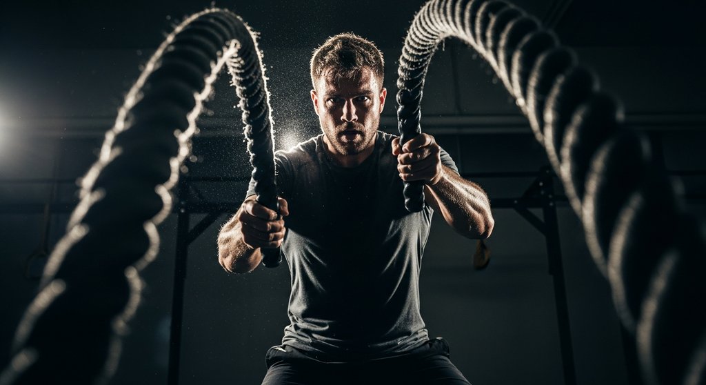 Ein Kampfsportler trainiert mit schweren Battle Ropes für anaerobe Ausdauer.