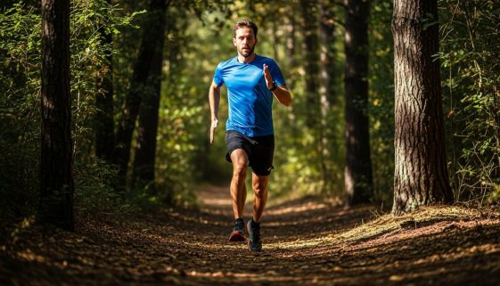 Ein Läufer beim intensiven HIIT-Sprint im Wald zur Steigerung seiner VO₂max.
