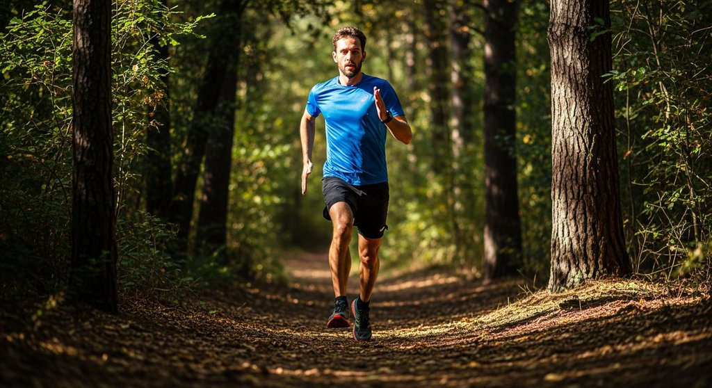 Ein Läufer beim intensiven HIIT-Sprint im Wald zur Steigerung seiner VO₂max.