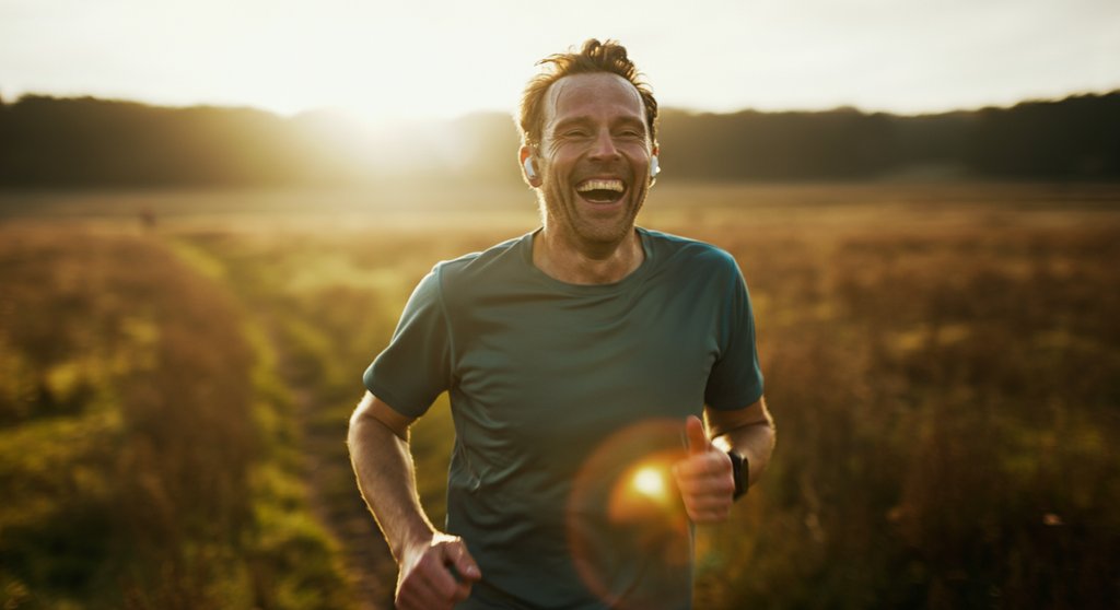 Ein Läufer erlebt Freude beim Fartlek Training im Freien bei Sonnenaufgang.