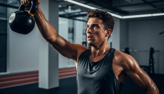 Ein Läufer führt einen Kettlebell Swing als Teil seines Crosstrainings zur Leistungssteigerung durch.