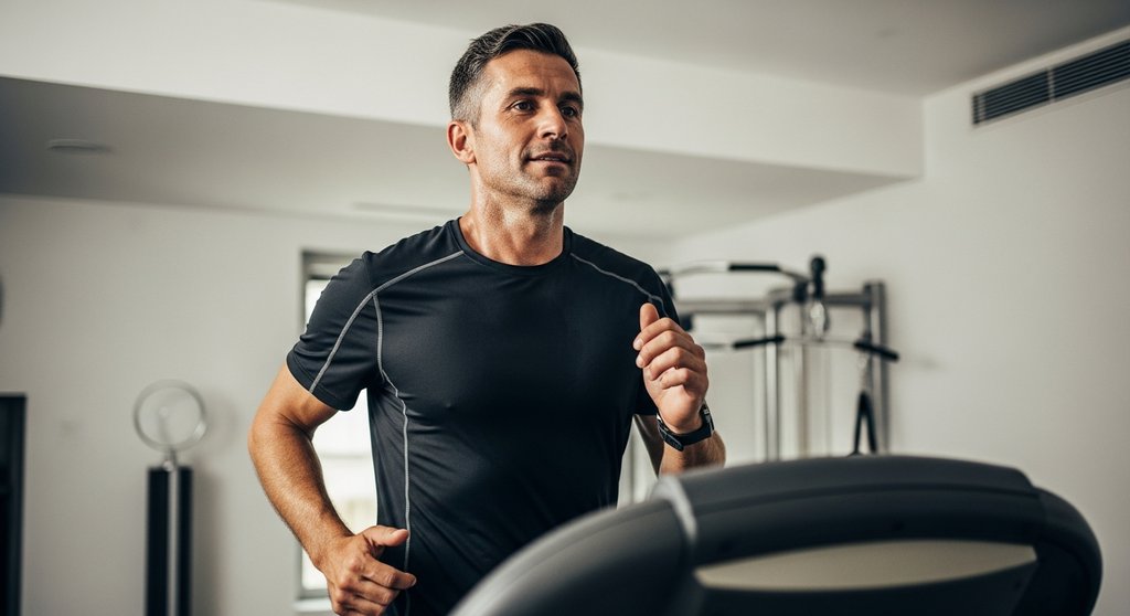 Ein Mann absolviert ein Fartlek-Workout auf dem Laufband und variiert dabei sein Lauftempo.