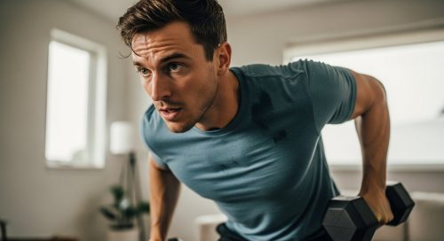 Ein Mann macht ein intensives HIIT Oberkörper Workout mit Hanteln in seinem Wohnzimmer. Ein Mann macht ein intensives HIIT Oberkörper Workout mit Hanteln in seinem Wohnzimmer.