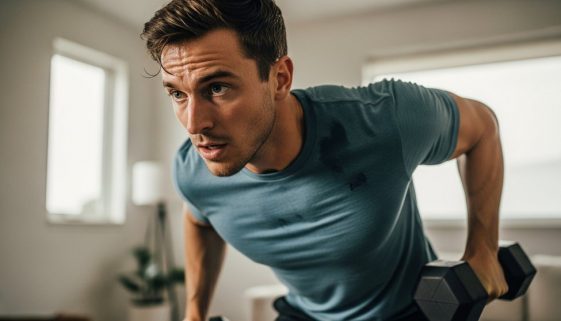 Ein Mann macht ein intensives HIIT Oberkörper Workout mit Hanteln in seinem Wohnzimmer.
