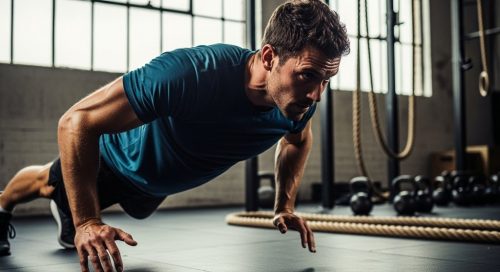 Ein Mann macht ein intensives Turbulence Training Workout in einem Fitnessstudio. Ein Mann macht ein intensives Turbulence Training Workout in einem Fitnessstudio.