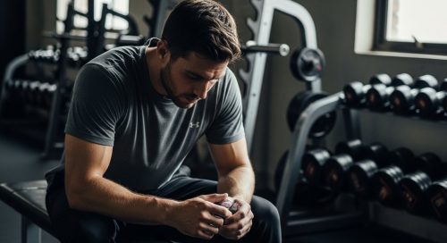 Ein Mann macht eine Pause während seines 2er Split Trainingsplans im Fitnessstudio. Ein Mann macht eine Pause während seines 2er Split Trainingsplans im Fitnessstudio.