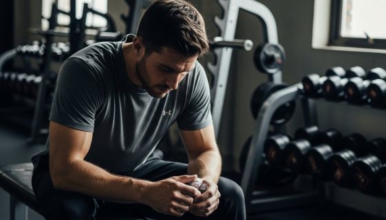 Ein Mann macht eine Pause während seines 2er Split Trainingsplans im Fitnessstudio.