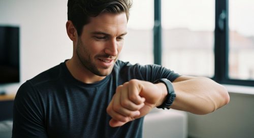 Ein Mann prüft nach einem intensiven HIIT-Workout zufrieden seine Fitness-Uhr.