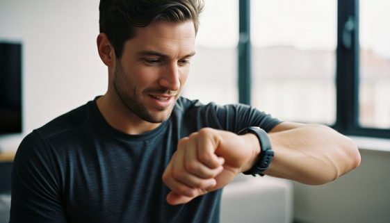 Ein Mann prüft nach einem intensiven HIIT-Workout zufrieden seine Fitness-Uhr.