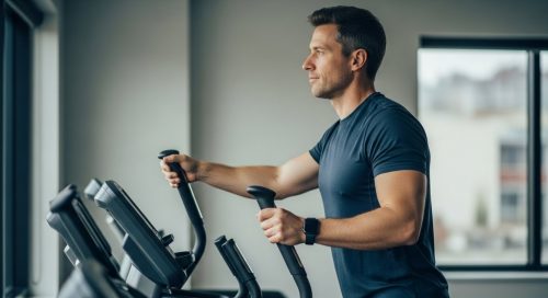 Ein Mann trainiert mit korrekter Haltung auf dem Crosstrainer, um Rückenschmerzen vorzubeugen.