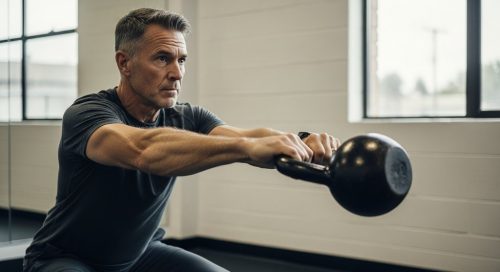 Ein Mann über 50 führt konzentriert eine Crosstraining-Übung mit einer Kettlebell aus.