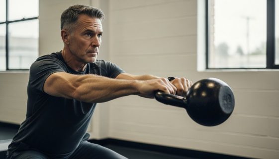 Ein Mann über 50 führt konzentriert eine Crosstraining-Übung mit einer Kettlebell aus.