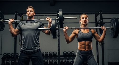 Ein Mann und eine Frau bei der korrekten Ausführung des Sumo Deadlift High Pulls.