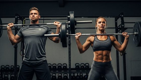 Ein Mann und eine Frau bei der korrekten Ausführung des Sumo Deadlift High Pulls.
