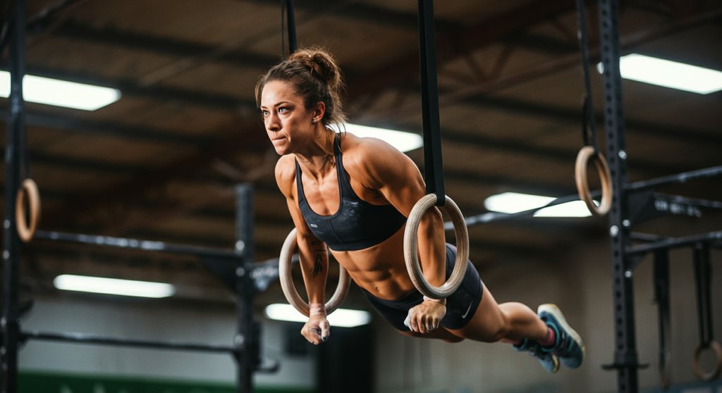 Ein Muscle-up an den Ringen, eine fortgeschrittene turnerische Übung (Gymnastics).