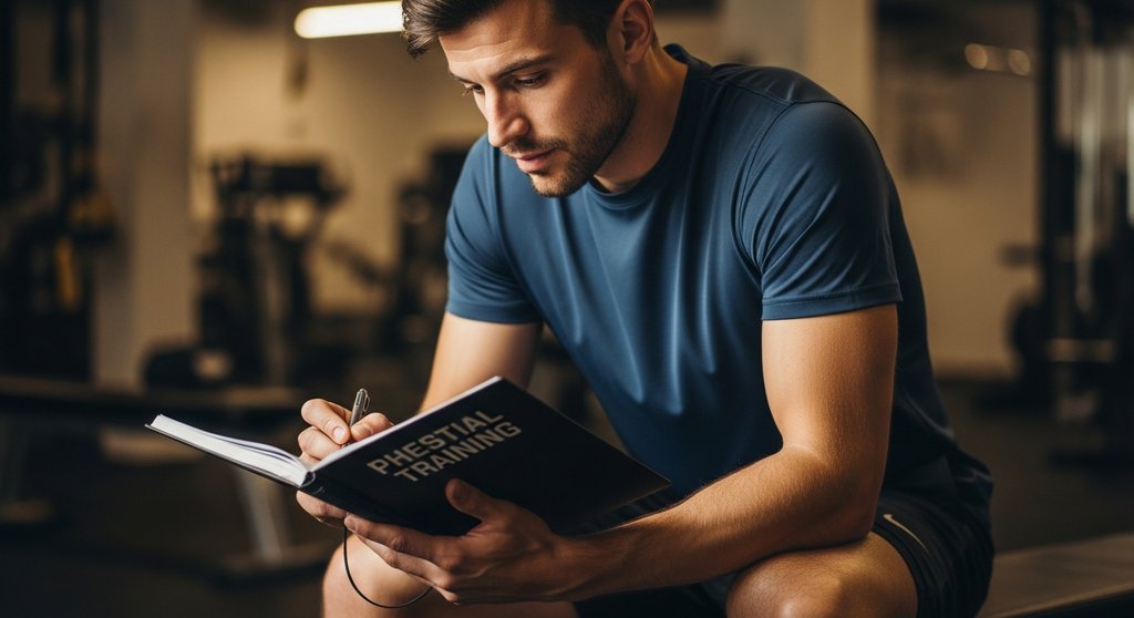 Ein nachdenklicher Athlet sitzt auf einer Bank im Gym und blickt in sein Trainingstagebuch. Prompt: Medium shot of a focused male athlete in his early 30s, sitting on a gym bench in a moment of quiet reflection. He's holding a physical training journal and a pen, looking thoughtfully at the pages. The gym environment is slightly out of focus in the background, with warm, moody lighting. The image conveys strategy, planning, and listening to one's body. Shot on a DSLR with a 50mm lens, shallow depth of field, visible skin texture, true-to-life colors, candid feel.