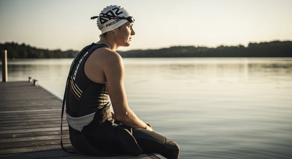 Ein nachdenklicher Triathlet genießt die Ruhe nach dem Training am See.