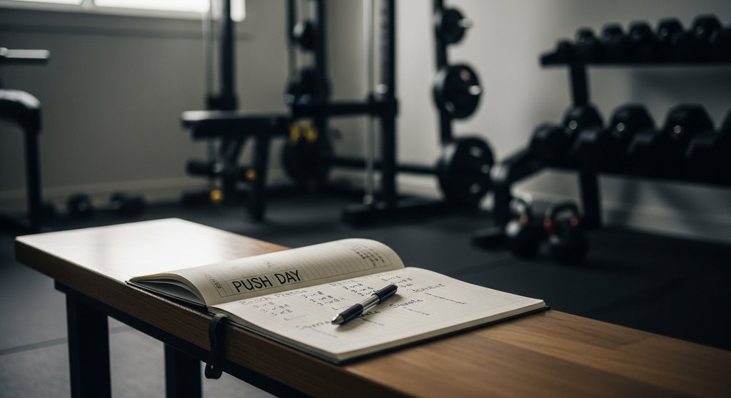 Ein Notizblock zeigt einen handgeschriebenen 2er Split Push Pull Trainingsplan für den Push-Tag.