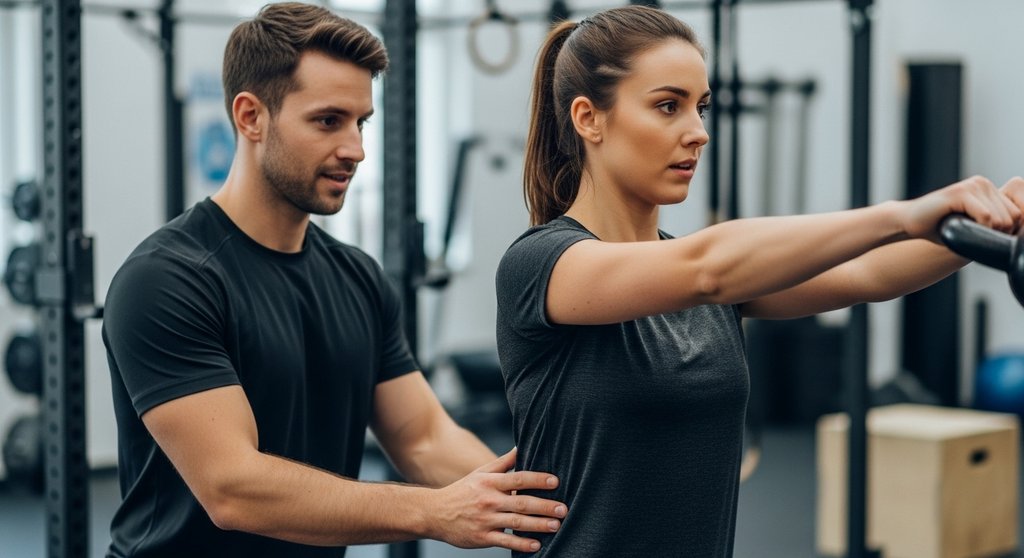 Ein Octofit-Coach zeigt einer Sportlerin die korrekte Technik beim Kettlebell-Training.