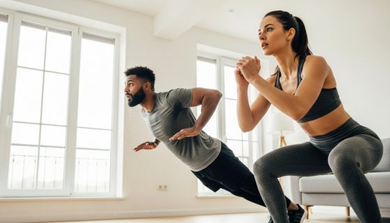 Ein Paar macht Crosstraining zuhause ohne Geräte in ihrem Wohnzimmer.